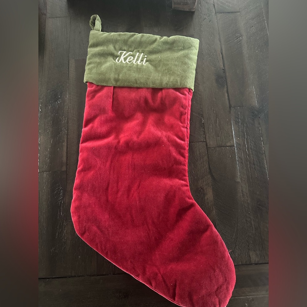 Pottery Barn medium velvet green and red stocking with monogram Kelli